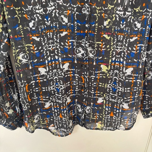CAbi festival geometric print semi sheer bling sleeve buttons down blouse size S - Picture 11 of 12